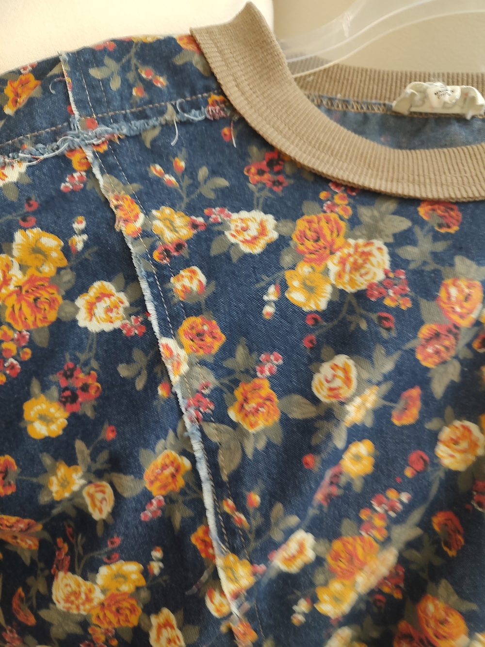 BiBi Navy Denim Floral Pullover with Tan Rib Trim - Picture 2 of 2